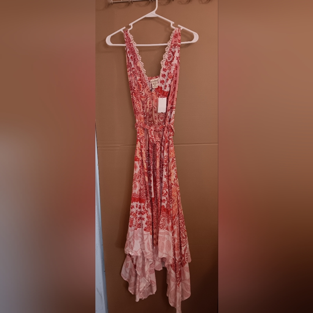 Sky & Sand Women's White Orange Red Dress Belted Large V Neck Stretch - Picture 3 of 11